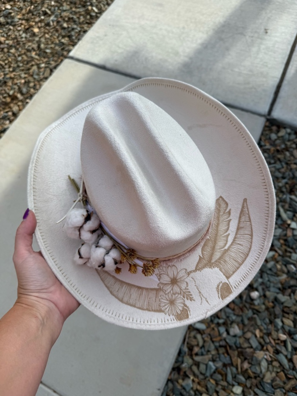 Ivory hat with floral steer head design wide brim cowboy hat
